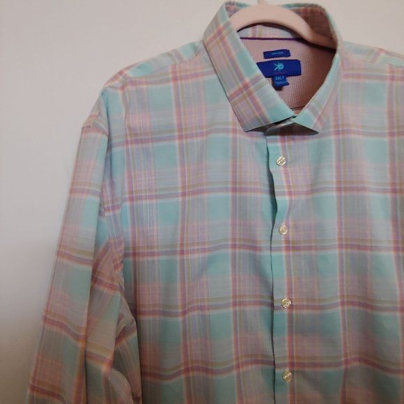 Egara Mens Pink/Mint Green Plaid Flip Contrasting Cuff Button Shirt 3XLT NWT - Picture 2 of 10